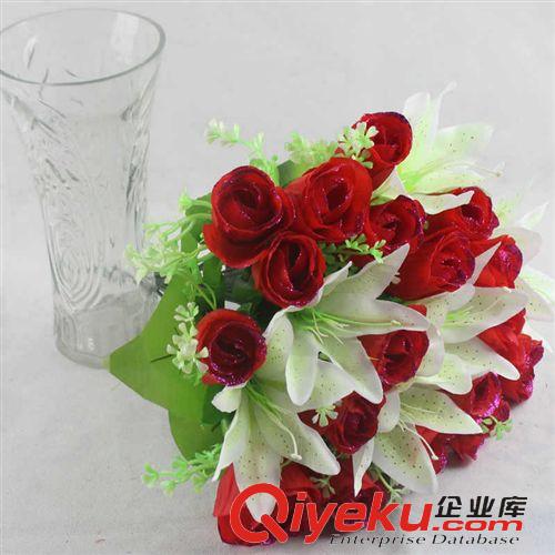 混批專區(qū) 吉燕仿真花24頭組合紅玫瑰手捧花 新娘百合花廠直銷  義烏人造花原始圖片3