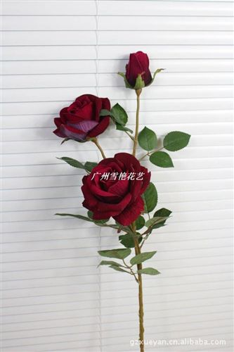 仿真花-玫瑰系列 仿真玫瑰花 中三頭絨布玫瑰 家庭裝飾花tj花 婚房布置 拍攝道具