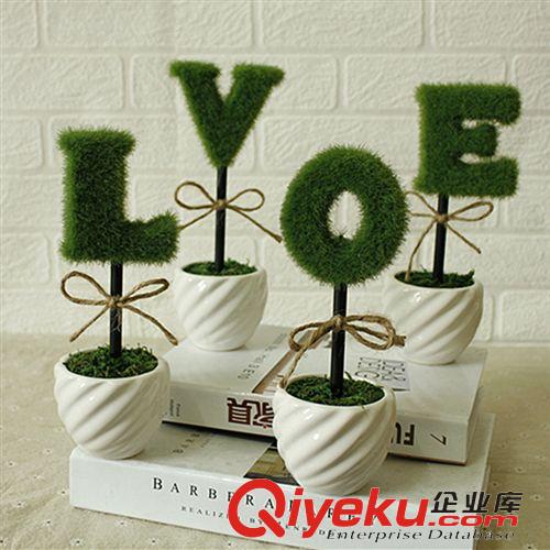 套裝花 成品系列 新款 清新LOVE仿真植物盆栽 小禮品 義烏仿真花批發 植絨花套裝