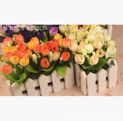 仿真植物 仿真玫蕾小木欄柵套裝 玫瑰花 家居辦公裝飾 仿真花絹花套裝假花