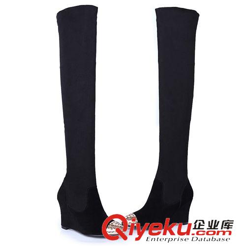 皮靴 外貿(mào)批發(fā)14新款女靴真皮彈力布高筒靴金屬頭坡跟過膝長靴 馬丁靴原始圖片2