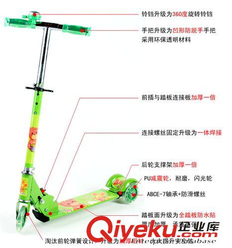 滑板車 全國(guó)包郵兒童發(fā)亮可折疊帶鈴鐺 減震 一體成型美洲豹三輪滑板車