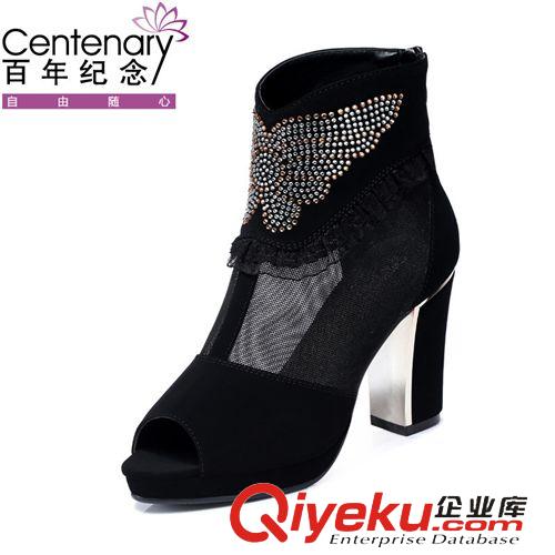 網(wǎng)紗鞋 百年紀念 1017 魚嘴網(wǎng)紗女鞋 水鉆高跟鞋 粗跟女鞋子原始圖片2