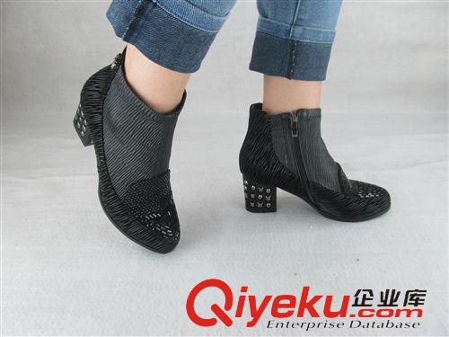 靴子 2014年秋冬新款壓花面頭層牛皮裸靴 水鉆粗跟歐美時尚款