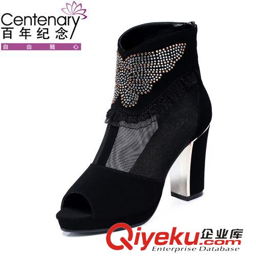 涼鞋 百年紀(jì)念 1017 魚嘴網(wǎng)紗鞋 水鉆高跟鞋 粗跟女鞋子原始圖片2