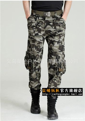 戶外休閑褲 尖峰縱隊 春秋迷彩工裝褲 軍綠色戶外休閑長褲子男多兜拉鏈軍迷褲
