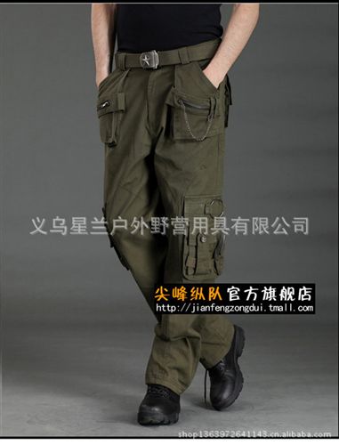 戶外休閑褲 尖峰縱隊 春秋迷彩工裝褲 軍綠色戶外休閑長褲子男多兜拉鏈軍迷褲