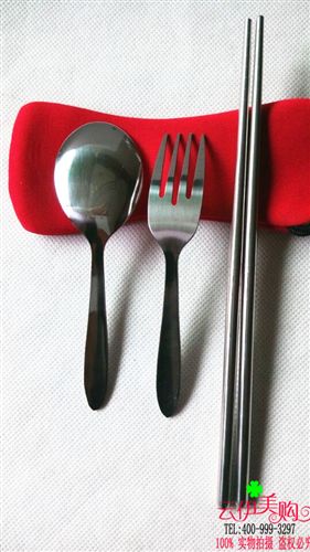餐具 愛心不銹鋼餐具禮品布袋3件套套裝餐具十元店貨源義烏百貨批發原始圖片3