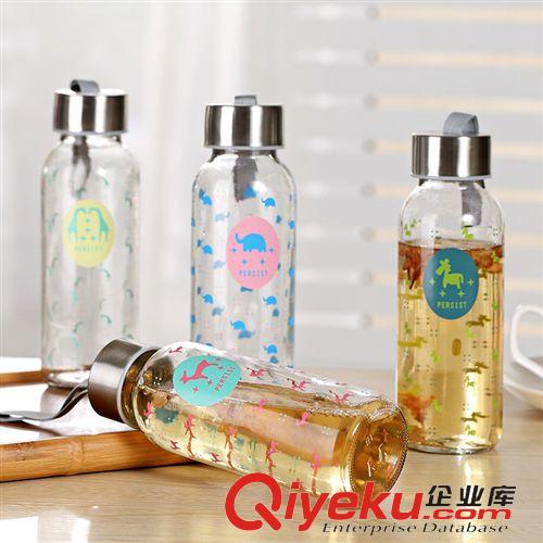 新品上市 動物玻璃杯 卡通防漏運動學生水杯子  杯蓋帶提繩隨手杯  253g原始圖片2