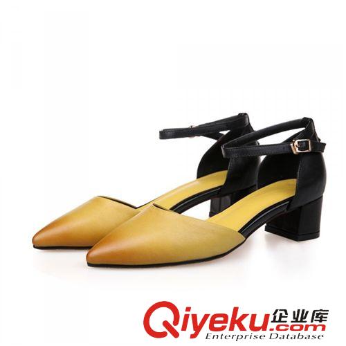 （假一賠十）真皮專區(qū) 2015春夏新款潮真皮中跟鞋OL韓版拼色大小碼女鞋尖頭粗跟單鞋批發(fā)原始圖片3