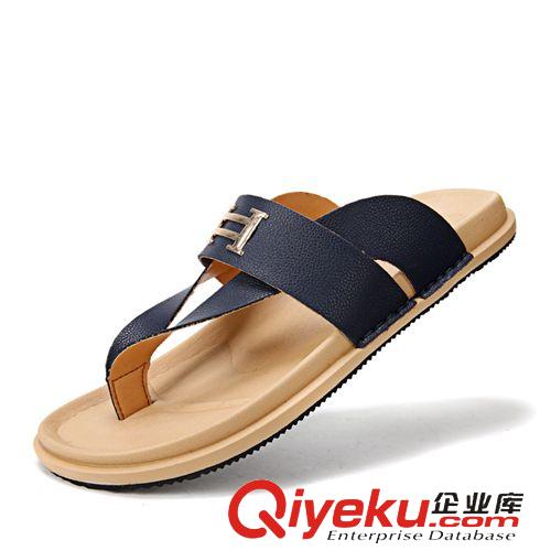 涼鞋 涼拖 全透氣鞋  廠家批發(fā)2015夏季款休閑男拖鞋潮流韓版一字拖男時尚沙灘半拖涼拖原始圖片2