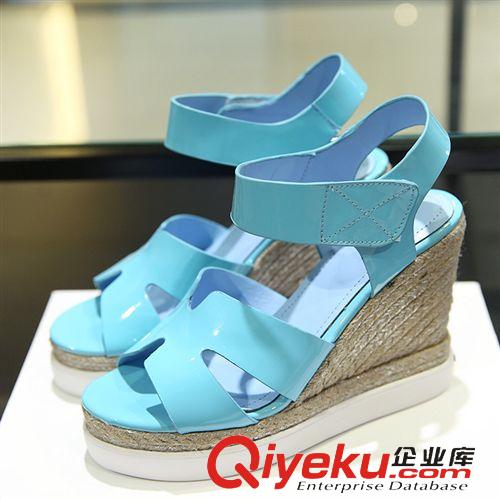 【涼鞋-拖鞋】 歐洲站2015夏季歐美新款H家麻繩草編坡跟涼鞋高跟時(shí)尚真皮女鞋原始圖片3