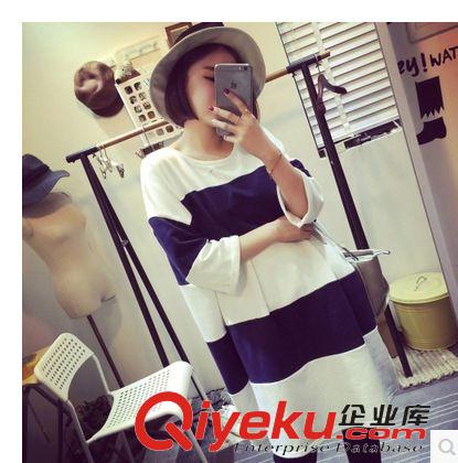 2015四月新款 2015春季新品條紋中長款T 恤女時尚顯瘦百搭休閑上衣