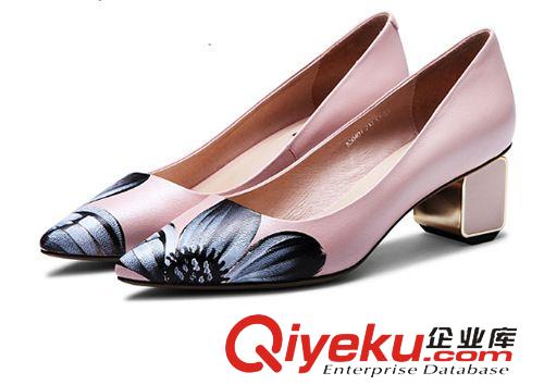 爆款專區 2015新品歐美dp新款印花婚鞋羊皮女鞋中粗跟單鞋