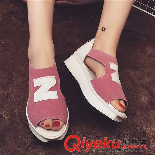 2015年四月第三波新品 夏季新款涼鞋女厚底時(shí)尚女鞋子坡跟魚嘴鞋鏤空N字鞋拼色女涼鞋