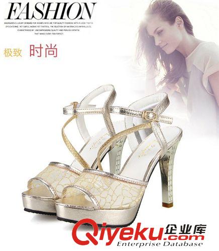 涼鞋 歐美夏季新款網(wǎng)紗魚嘴防水臺(tái)女涼鞋 時(shí)尚細(xì)跟超高跟水鉆涼鞋女