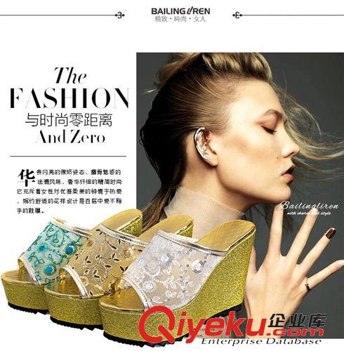 拖鞋 2015歐美新款透氣網紗亮片碎花超高跟坡跟魚嘴舒適百搭女涼拖批發