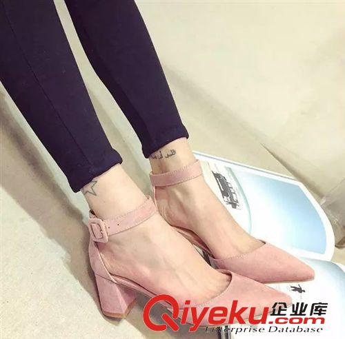 4月16-4月30新款 2015韓版新款單鞋女鞋絨面尖頭單鞋搭扣粗跟中跟鞋甜美女鞋潮批發(fā)原始圖片2