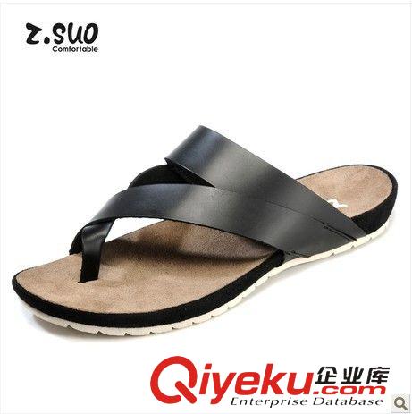 走索z.sou 走索夏季新款休閑男士夾趾拖鞋 牛皮一字拖 沙灘拖男拖鞋原始圖片2