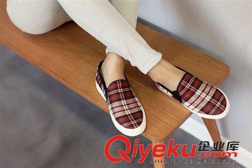 2014春季新款 夏季新品 格子布松緊休閑單鞋樂福鞋女鞋 白底板鞋平底鞋子原始圖片3
