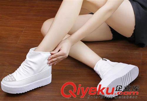 皮靴 15春季新款女鞋短靴水鉆厚底白色松糕跟內增高休閑鞋潮女靴