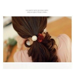 頭飾、發(fā)飾 韓國進口發(fā)飾 時尚玫瑰花朵大珍珠布藝真絲質(zhì)感發(fā)圈發(fā)繩皮筋頭花