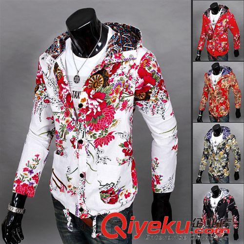 休閑服、夾克、休閑西服 春秋季花色立領開衫衛衣男修身薄款男士拉鏈印花外套夾克衫批發