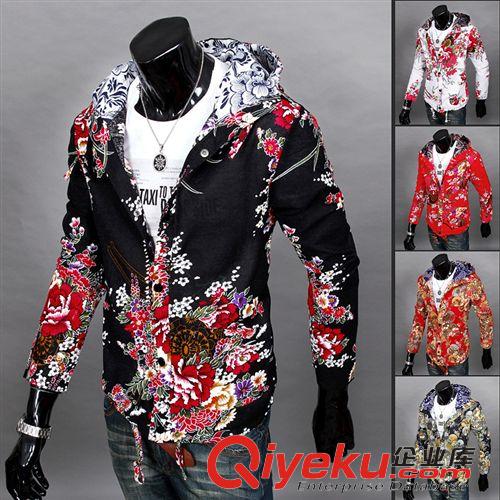 休閑服、夾克、休閑西服 春秋季花色立領開衫衛衣男修身薄款男士拉鏈印花外套夾克衫批發