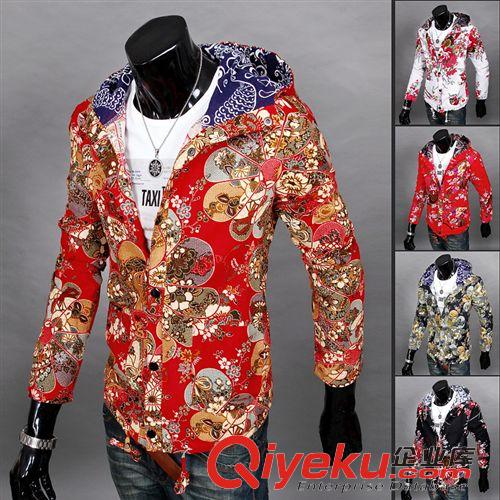 休閑服、夾克、休閑西服 春秋季花色立領開衫衛衣男修身薄款男士拉鏈印花外套夾克衫批發