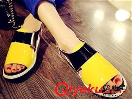 涼鞋 2015歐美時尚春夏季新款漆皮拼色百搭魚嘴鞋厚底松糕鞋簡約女鞋