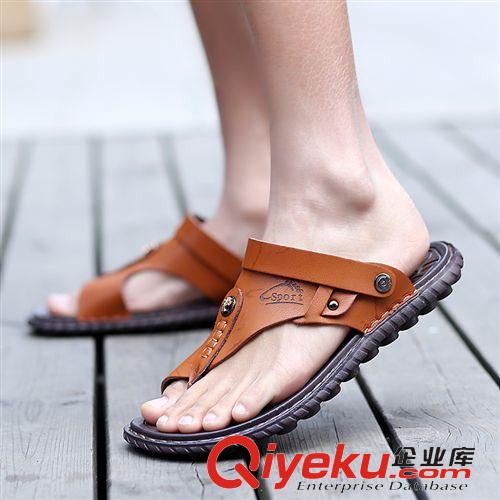 現(xiàn)貨供應(yīng) 2015夏季新款潮男人字拖鞋 外貿(mào)zp涼拖鞋 牛皮平跟男士涼拖鞋