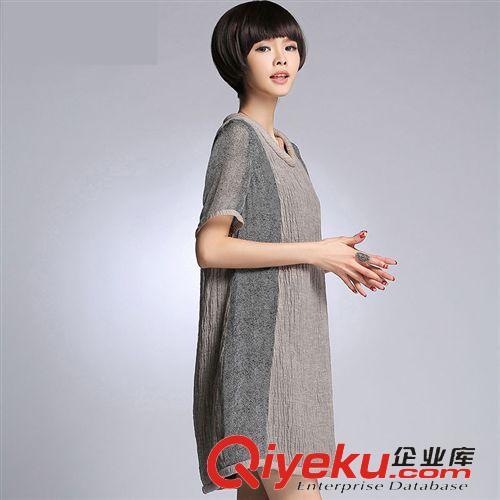 大碼女裝 大碼女裝 2015春夏新款歐美風(fēng)仿真絲亞麻拼接中長(zhǎng)款寬松連衣裙女原始圖片2