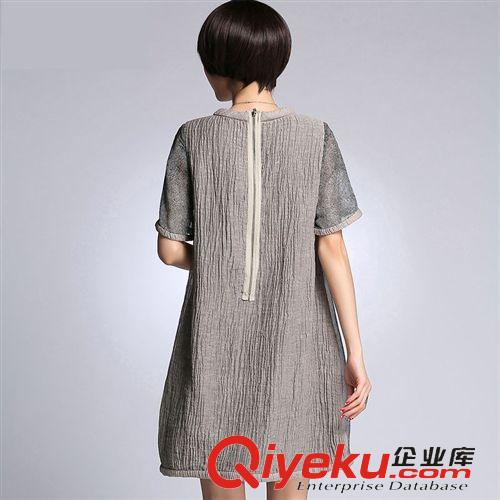 大碼女裝 大碼女裝 2015春夏新款歐美風(fēng)仿真絲亞麻拼接中長(zhǎng)款寬松連衣裙女原始圖片3