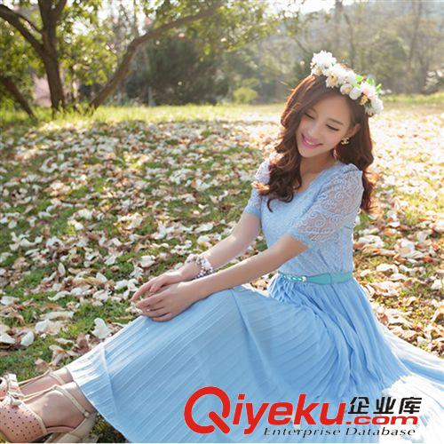 店主推薦 2015新款女裝連衣裙 夏季短袖甜美雪紡蕾絲拼接長裙