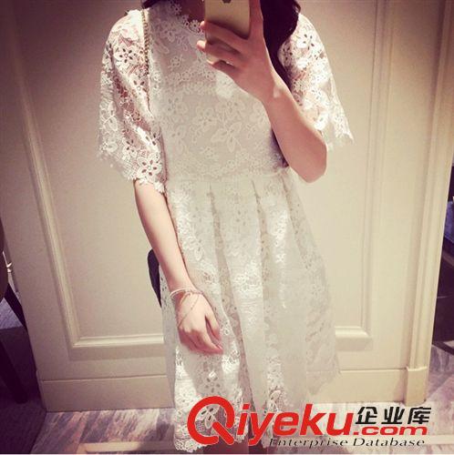 店長(zhǎng)推薦 蕾絲連衣裙夏季女裝2015新款韓版白色甜美淑女短袖高腰裙子女原始圖片2