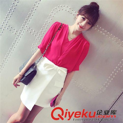 SU KI 2015夏季新品 韓版百搭領(lǐng)口釘鉆木耳邊雪紡衫女好質(zhì)量女