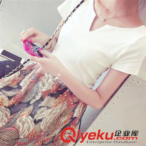 SU KI 韓范百搭簡約黑白純色V領(lǐng)短袖修身顯瘦緊身打底短袖T恤夏裝女上衣原始圖片2