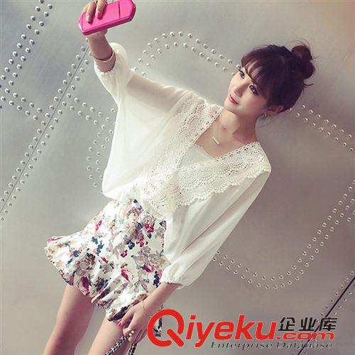 SU KI 2015夏季新品 韓版 V領(lǐng)拼接蕾絲透視雪紡衫女 好質(zhì)量女原始圖片2