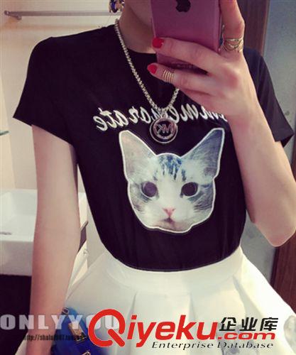 ONLY  YOU 2015女裝夏時尚可愛貓咪印花短袖T恤+歐根紗蓬蓬半身裙套裝女原始圖片2