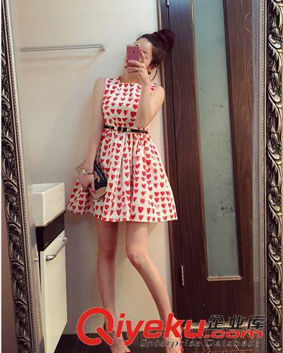 ONLY  YOU 2015夏裝 甜美氣質 優雅圓領愛心桃心印花無袖百褶大擺蓬蓬連衣裙原始圖片2
