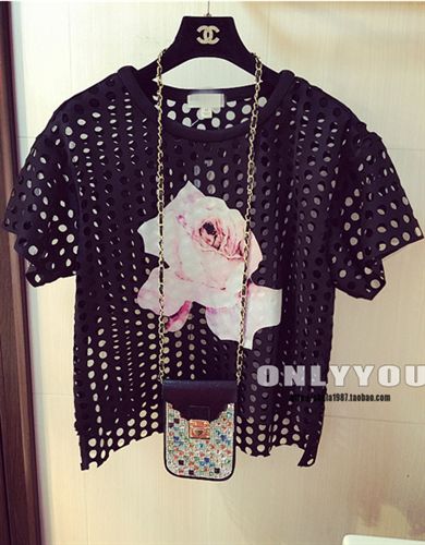 ONLY  YOU 2015夏季新款  圓領(lǐng)短袖打孔鏤空ts網(wǎng)紗貼布花套頭罩衫上衣女