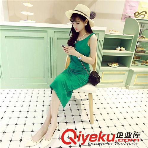 啦啦小牛 2015夏季新品女裝時尚韓版時尚氣質后V領開叉綠色收腰長裙女