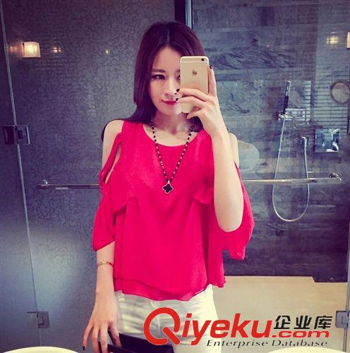 6DU 2015夏季新款韓版女裝 時尚百搭個性性感露肩雪紡衫女上衣潮原始圖片3
