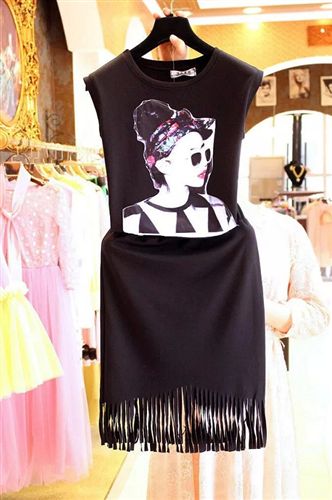 歐美dp推薦 2015夏新款歐洲站復古頭像T+流蘇包臀連衣裙顯瘦熱銷套裝女原始圖片2
