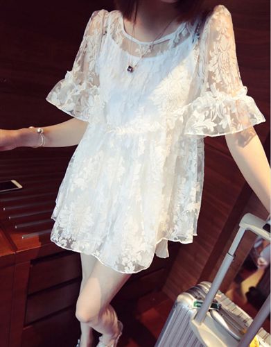 5月新款更新 2015初夏新款 甜美時(shí)尚玫瑰花紋荷葉邊紗質(zhì)衫女原始圖片2