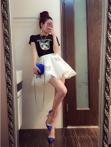 888 2015女裝夏時尚可愛貓咪印花短袖T恤+歐根紗蓬蓬半身裙套裝女原始圖片3