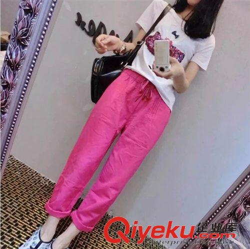 888 歐洲站2015夏裝新款女裝時尚純色圓領t恤+系帶亞麻料休閑褲套裝原始圖片3