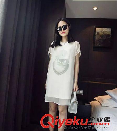 888 2015夏裝新品女裝短裙 韓版時尚修身顯瘦貓頭鷹紗拼接短袖連衣裙原始圖片3