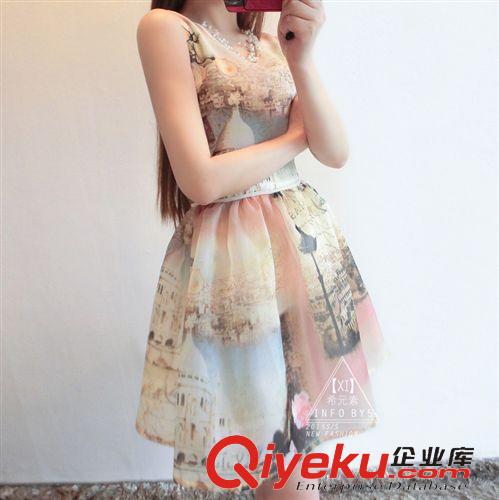 999 歐洲站2015夏裝新款韓歐根紗印花雪紡背心裙時尚名媛連衣裙女潮