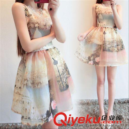 999 歐洲站2015夏裝新款韓歐根紗印花雪紡背心裙時尚名媛連衣裙女潮